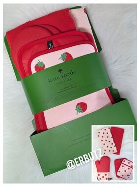 Kate Spade 6 Pc Strawberry Kitchen Set - Tea Towels, Oven Mitts, Potholders 🍓